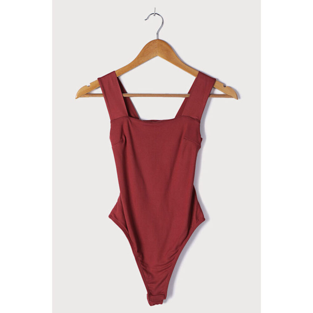 Lulu's Brick Red Ribbed Square Neck Tank Bodysuit